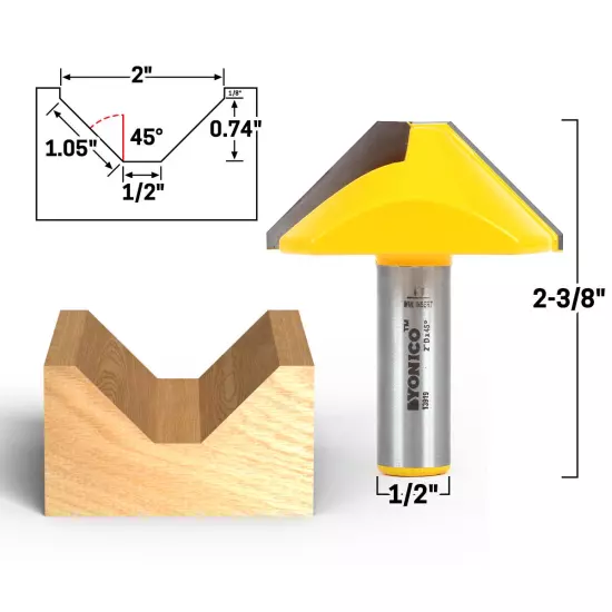 2" Diameter 45Â° V Groove Flat Bottom Router Bit - 1/2" Shank - Yonico 13919