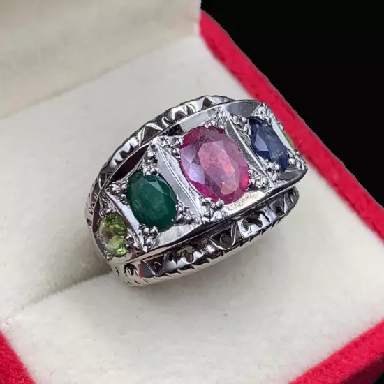 Men MultiStone Ring, Natural Ruby Emerald Blue Sapphire Peridot & Pukhraj Ring