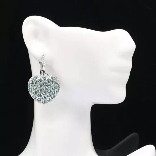 Pretty Heart Shape Rich Blue Aquamarine CZ Woman's Silver Earrings