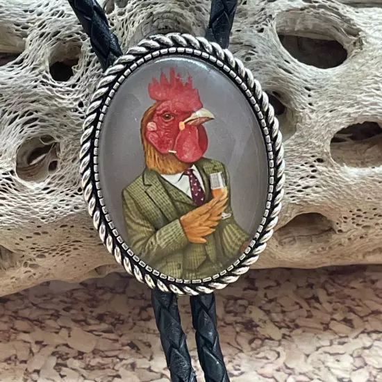 WINE Rooster TUX Western Leather Bolo Tie Lariat Necklace Wedding Gift Groomsmen