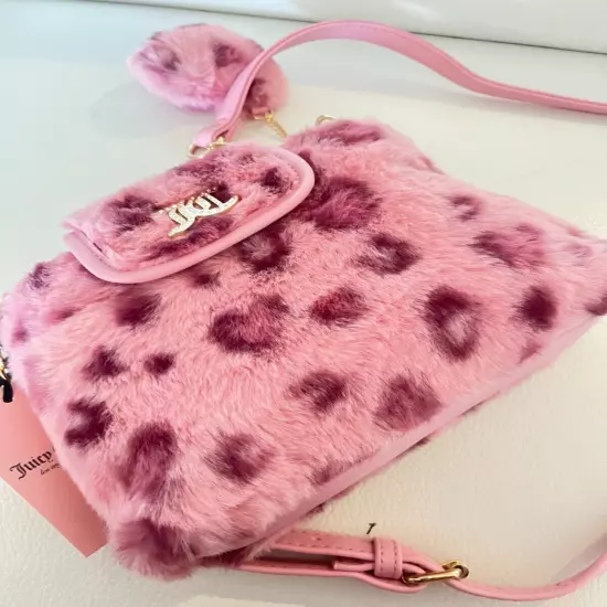 NWT JUICY COUTURE LIVE LAUGH CROSSBODY BAG PINK LEOPARD FAUX FUR