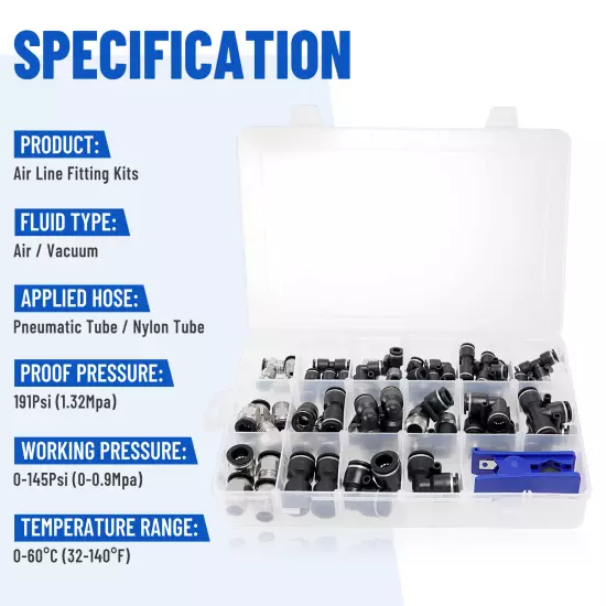 52 Pcs Quick Connect Air Hose Fitting Kit 1/4" 3/8" 1/2" Push to Connect Air Fit