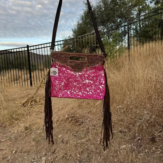 Tooled Leather Cowhide Crossbody Bag With Pink Silver Specs