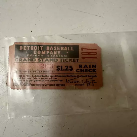 Vintage 1940s Detroit Baseball Company Ticket Stub. Briggs Stadium