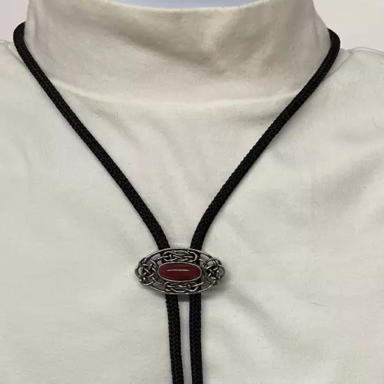 Bolo Tie - Burgundy Cabochon Silver Tone Slide Black Cord Western Cowboy Cowgirl