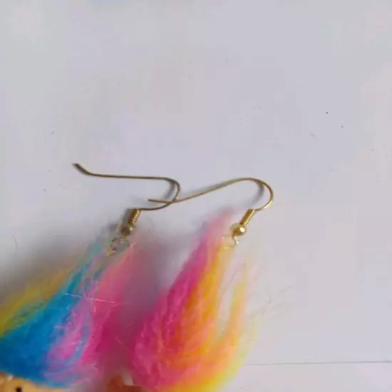 Russ Troll Doll Rainbow Hair Good Luck Dangle Earrings Vintage