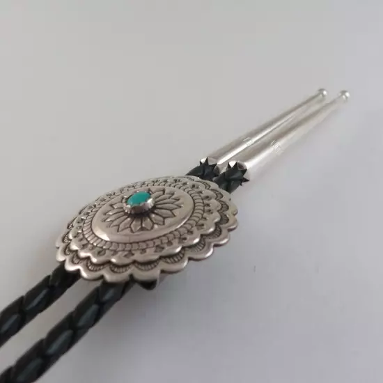 Sterling Silver & Turquoise Round Stamped Southwestern Concho Bolo Tie