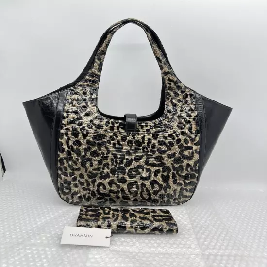 Brahmin Carla Snow Leopard Print Oversized Black Leather Tote w/ Matching Wallet