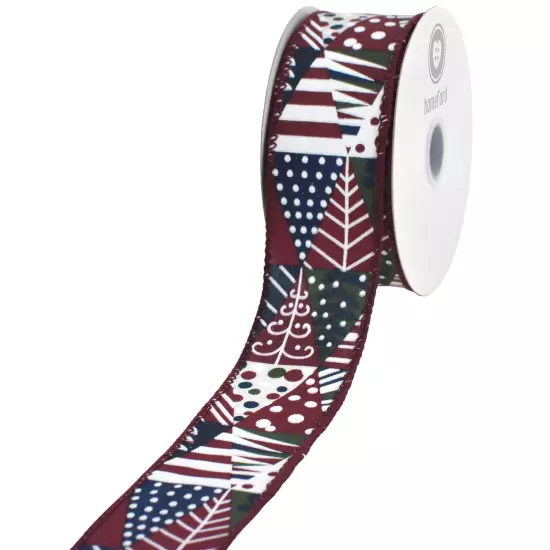 Abstract Christmas Tree Collage Wired Ribbon, 1-1/2-inch, 10-yard, Wine