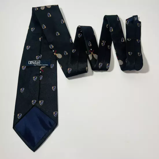 Polo Ralph Lauren Black Repp Silk Tie w Racquet And Crest 57.5x3.5” 