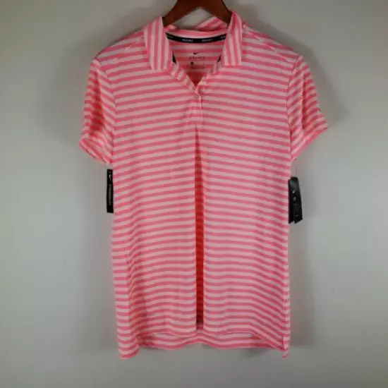 Women's NIKE Dri-Fit Short Sleeves Pink Striped Golf Polo Large