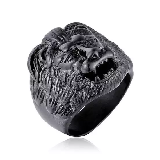 Retro Black Lion Head Ring Stainless Steel Lion King Head Men's Biker Punk Ring