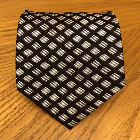 Pronto Uomo Silk Tie, Brown White & Black Striped Geometric Design 