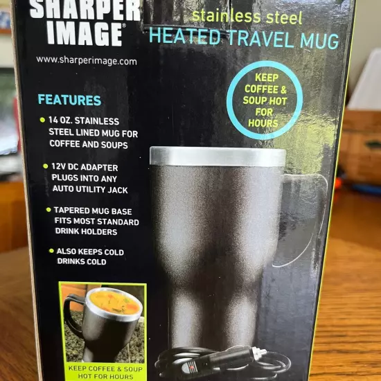 Heated Travel Mug The Sharper Image Stainless Steel 14Oz Black Color New