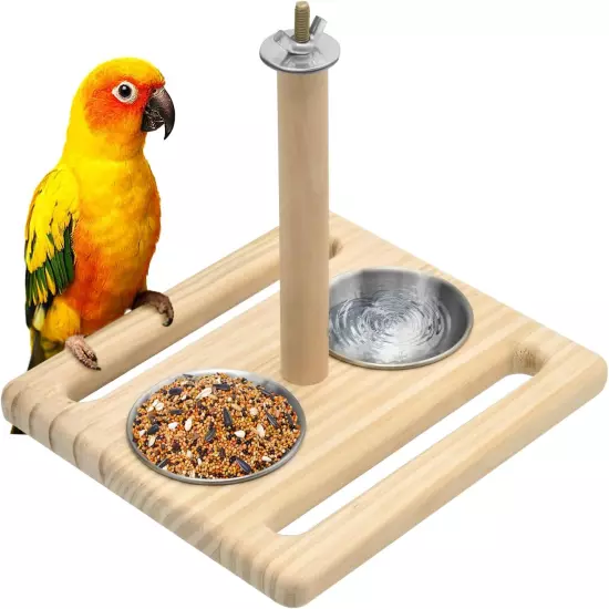 Bird Perch Parrot Platform Bird Stand Parrot Playground with 2 Removable Feeding