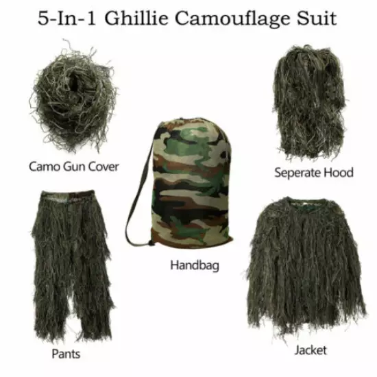 Ghillie Suit Sevral Camo Woodland Jungle Hidden Forest Hunting 3D 4-Piece + Bag