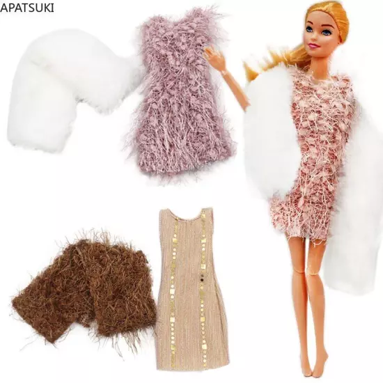 Fashion Doll Fur Dress For 11.5" Doll Outfits Clothes & Scarf Princess Gown 1/6