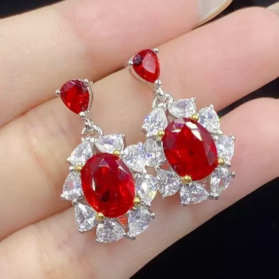 New Luxury Flower Red Garnet Topaz Gems Women Girl Jewelry Dangle Stud Earring