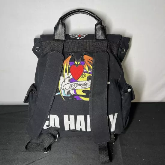 Ed Hardy Black Canvas Satchel Book Bag Backpack Bat Flowers + Makeup Bag