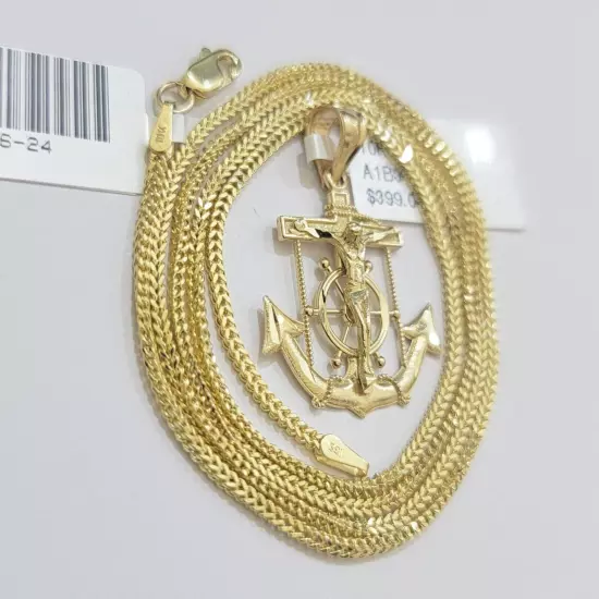 Real 10k Gold Franco Chain 22 Inch Jesus Anchor Charm Pendant Necklace SET END