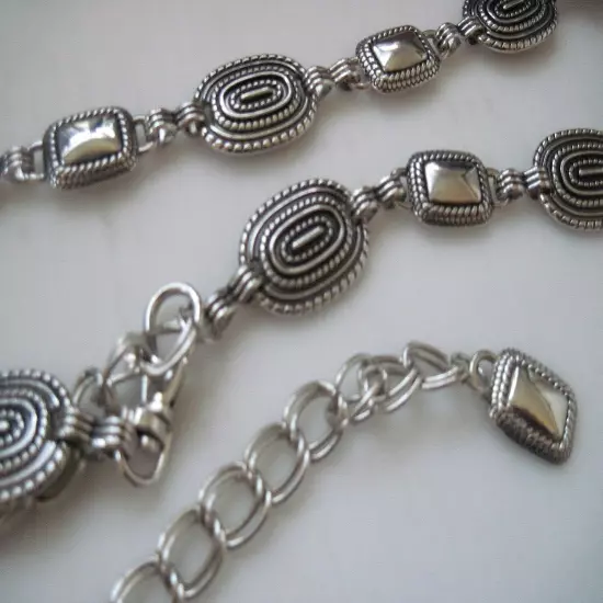 70's Ornate Silver Vintage Chain Belt O/S Adjustable Waist Full Length 58"