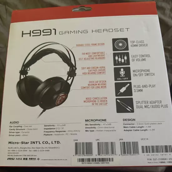 MSI H991 Gaming Headset With Built in Mic Black Volume Control 