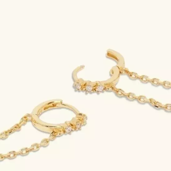 Earrings Pave Huggies w/ dangle Chain Cubic Zirconia Gold Huggies Earring CUTE