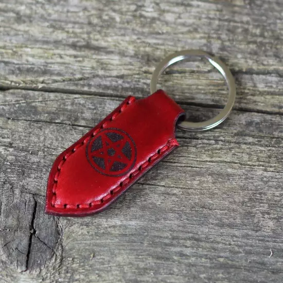 Pentagram - Leather key chain, Pentacle Keychain, Satan key fob.