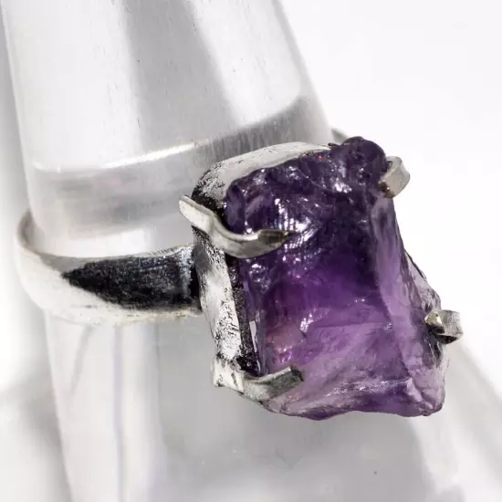 925 Silver Plated-Amethyst Rough Ethnic Gemstone Ring Jewelry US Size-8.5 MJ