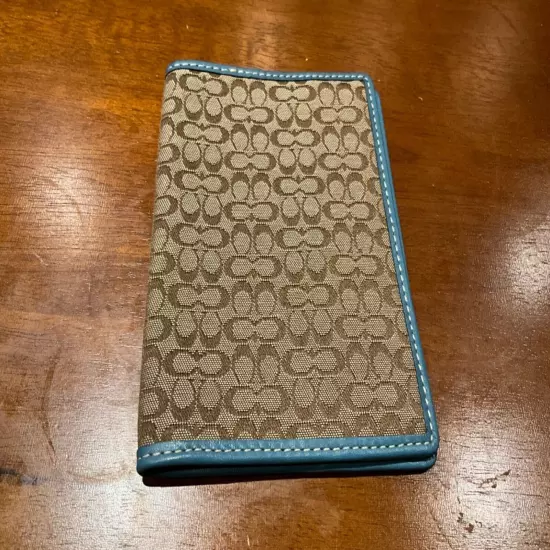 New Coach Mini Signaure C khaki/ Blue Passport Case /Holder