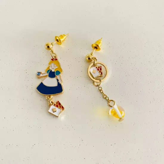 Alice In Wonderland Dangle Asymmetric Earrings Gold Tone, Playing Cards Drink Me