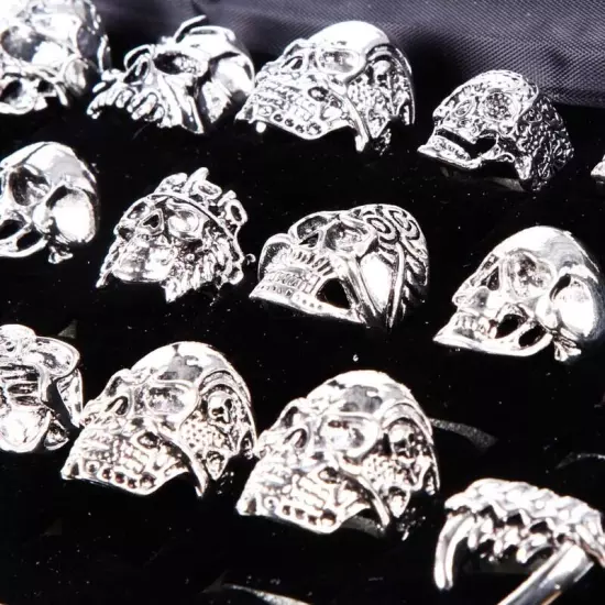 Wholesale 20pcs Skull Silver Biker Punk Party Gifts Fashion Jewelry Men's Rings