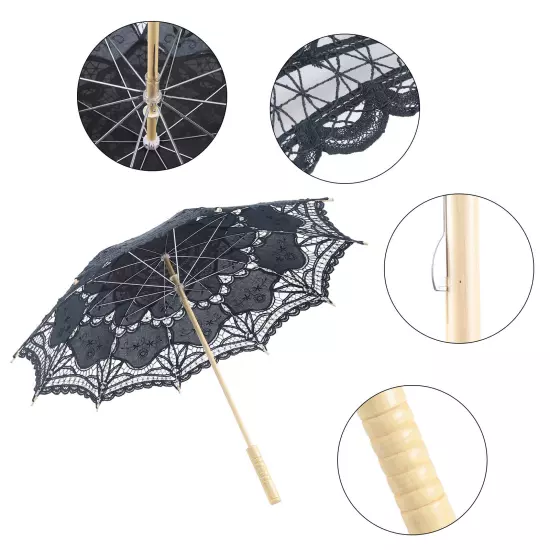 Black Lace Umbrella Sun Parasol Victorian Wedding Cosplay Lace Cotton Wood Metal