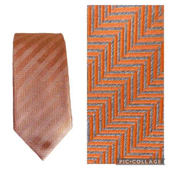 Canali Orange/Gray Chevron Print Silk Jacquard Mens’s Tie Made In Italy NEW