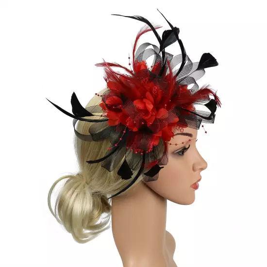 Women Fascinator Feather Hat Flower Hair Clip Church Wedding Party Headwear Clip