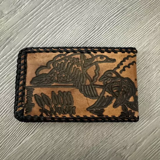 Vintage Hand Tooled Brown Leather Wallet Bifold Fish/Duck Lake Scene