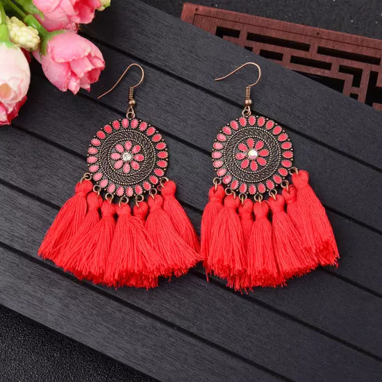 Fashion Women Bohemian Earrings Long Tassel Fringe Drop Dangle Ear Stud Jewelry