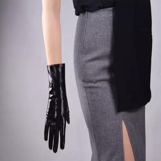 LATEX GLOVES Shine Leather Faux Patent Vegan PU 8" 21cm Short Basic Shine Black