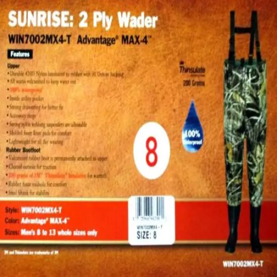 WINCHESTER CAMO SUNRISE 2-PLY CHEST WADER ADVANTAGE MAX-4 CAMOFLAUGE MENS SIZE 8