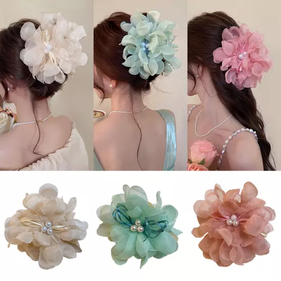 Women Large Chiffon Flower Bow Hair Claw Clip Hairgrip Hair Clamp Jaw Barrettes/