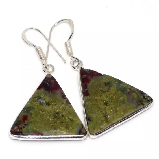 925 Silver Plated Dragon Blood Jasper Ethnic Earrings Jewelry Size 1.7" JW