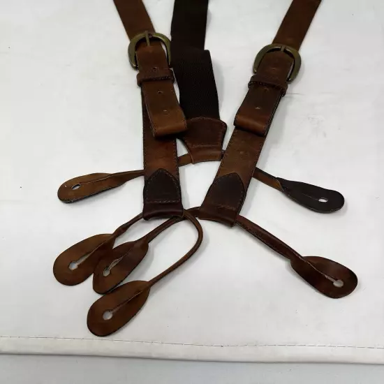 Vintage Eddie Bauer Brown Leather Button-On Suspenders Buckle Made In USA