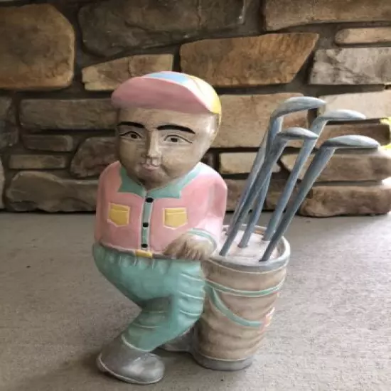 Vintage Hand Carved Solid Wood Golfer with Golf Clubs 15" Tall