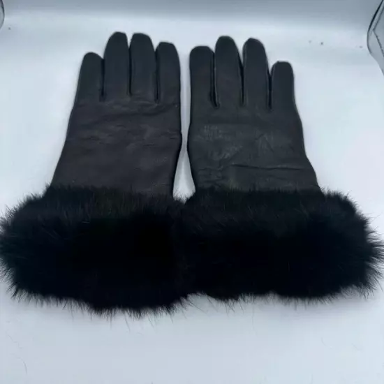 Vintage SPSY genuine women leather sz medium black gloves faux fur wrist