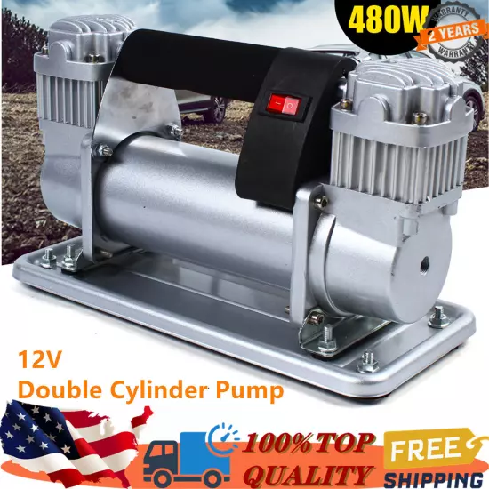 12V 480W Heavy Duty Metal Dual Cylinder Pump Air Compressor Tire Inflator