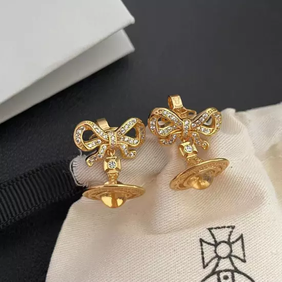 Vivienne Westwood Crystal Golden Tone 3D Orb Butterfly Saturn Earrings with Box