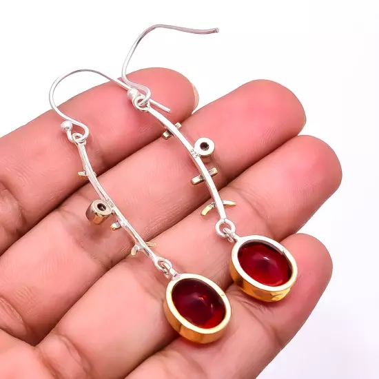 Red Garnet 925 Sterling Silver Two Tone Earring 2.34" E51