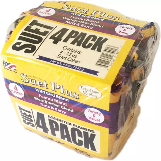 Variety Pack of 4 Flavors of Suet Cakes for Wild Birds 11 Ounces Each