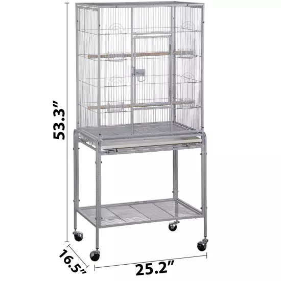 53" Parakeet Bird Cage Parrot Flight Cage Wrought Iron Rolling Stand White/Black