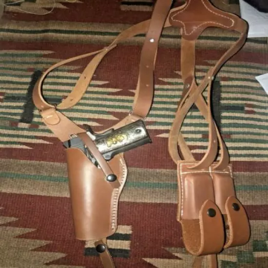 LEFT HAND FIT Colt Kimber 1911 Shoulder Holster & Mag Pouch Leather Vertical 2XL